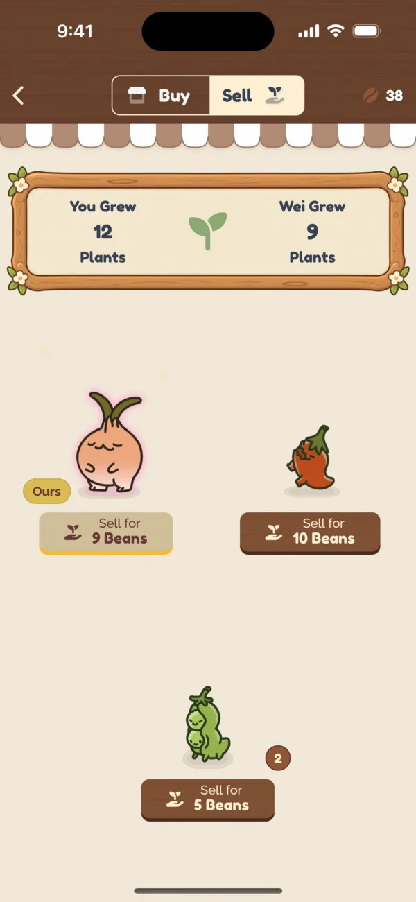 The Market tallies the plants you and your partner grew